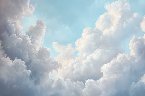 Wallpaper features fluffy white clouds with soft, billowy shapes against a bright blue sky. Light and shadow create a three-dimensional effect, giving the scene a peaceful, airy atmosphere. Colors include white and various shades of blue.