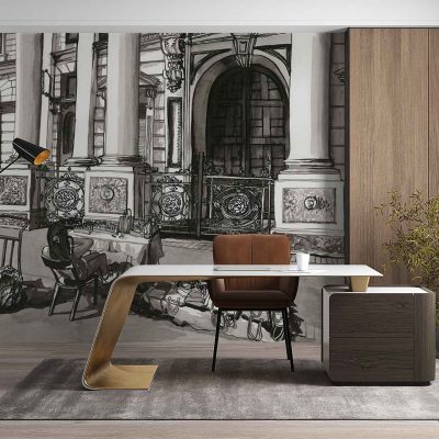 Large wall mural featuring the N2 Bridge in a detailed black and white architectural line-art style. The wallpaper showcases intricate bridge cables, structural elements, and sweeping urban scenery, all rendered in crisp monochrome tones—predominantly black, grey, and white—creating a striking modern focal point.