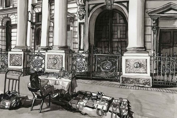 Black and white wallpaper featuring bold contrasts; ornate iron gate patterns; repeating column motifs; architectural details like arches and stone textures; abstracted outlines of bags and tables; overall urban, grand, neoclassical style.