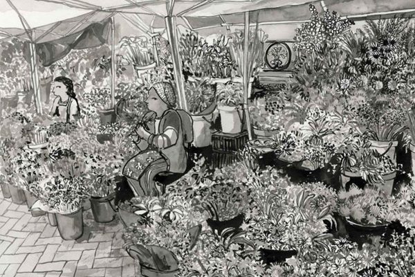 Wallpaper features: black-and-white motifs of potted plants, assorted flowers, and leafy greenery; repeating pattern of women seated among blooms; market stall elements like tent canopies; botanical details with ferns and petals. Color scheme: monochrome (black, white, grayscale). Style: detailed linework with organic floral shapes.