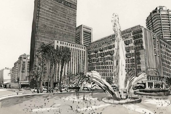 Black-and-white wallpaper illustration: cityscape with tall fountain foreground, surrounded by palm trees, parked cars, China Shop; background features high-rise office buildings and skyscrapers. Predominantly monochrome scheme (black, white, grayscale), emphasizing architectural lines and urban details.