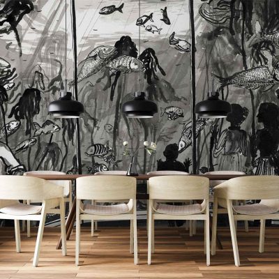 Black-and-white underwater mural wallpaper featuring fish, aquatic plants, and human figures; grayscale tones; large-scale illustration; bold contrast with intricate details of marine life.