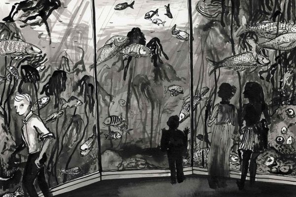 Wallpaper features stylized black-and-white aquatic motifs: silhouettes of fish, seaweed, bubbles, and coral. No bright colors—just shades of gray, black lines, and white negative spaces; recurring marine life shapes; overall underwater theme.