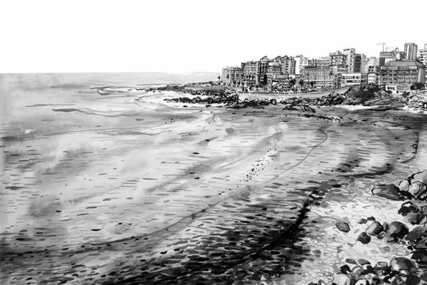 Wallpaper Description: A black and white illustration of a coastal cityscape with tall buildings lining the shore. Foreground features waves gently washing over a beach blending rocky outcrops and sand, reminiscent of areas near Kirstenbosch. The vast sea extends into the distance under a plain white sky. Only black, white, and grayscale tones are used throughout. Elements & Colors for Search: - Black and white - Coastal city skyline - Tall buildings by shore - Waves on rocky sandy beach - Kirstenbosch coast style - Grayscale sea and blank sky.