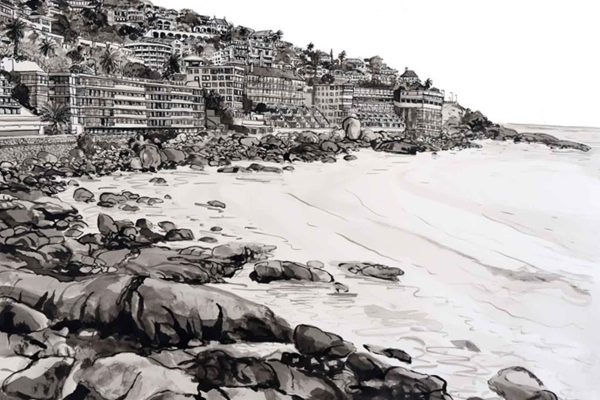 Black-and-white wallpaper, rocky beach, densely packed buildings and houses, hillside, calm ocean, clear empty sky, Thibault Square style. Elements: rocks, waves, coast; monochrome color scheme (black/white/grays); tightly clustered architecture; ocean horizon; minimalistic sky.