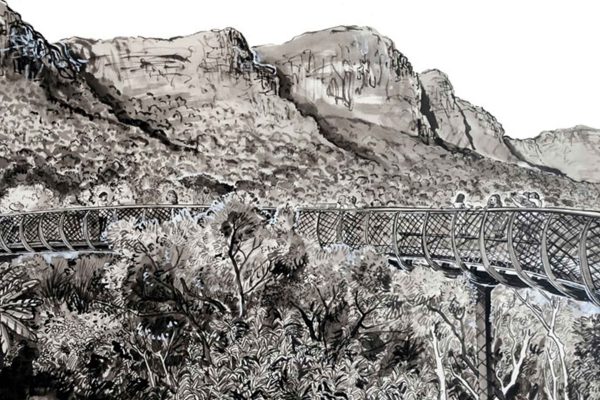 Monochrome ink-wash wallpaper: elevated curving walkway bridge above dense forest, small people strolling along the path. Background features rugged mountains and clear sky. Dominant colors are shades of black, gray, and white—no color accents. Elements: forest canopy details, misty mountain silhouettes, minimalist figures, fluid brushstrokes suggesting traditional East Asian landscape art.