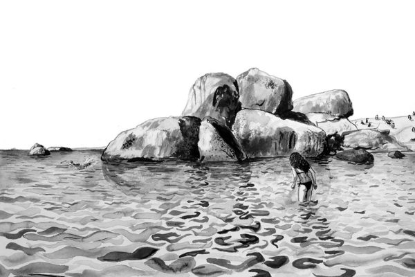 Black-and-white wallpaper drawing: Beach scene at Boulders Island. Large, smooth boulders in background; shallow water with gentle ripples and reflections. Child stands in foreground water; small figures near rocks. No color—monochrome, high contrast, line art style. Elements: boulders, beach, child in water, people by rocks, water reflections and ripples.