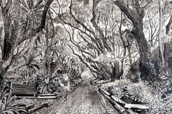 Black and white botanical wallpaper; features tree-lined avenue, arching branches, dense foliage; cobblestone path with benches; child skipping; intricate line art.