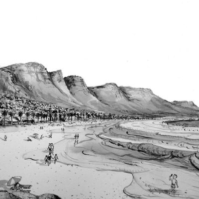 Black and white wallpaper illustration featuring: gentle waves, people walking and relaxing on beach sand, a quaint China Shop among village houses, all nestled at the foot of dramatic mountains. Elements include ocean waves, relaxed beachgoers, storefront details, clustered homes, and towering peaks. Color scheme: monochrome (black & white).