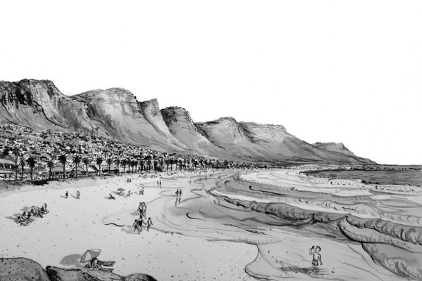 Black and white wallpaper illustration featuring: gentle waves, people walking and relaxing on beach sand, a quaint China Shop among village houses, all nestled at the foot of dramatic mountains. Elements include ocean waves, relaxed beachgoers, storefront details, clustered homes, and towering peaks. Color scheme: monochrome (black & white).