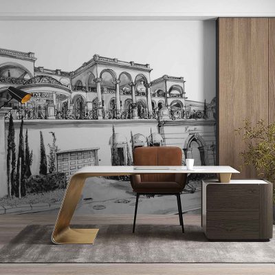 The wallpaper is a black-and-white mural depicting a grand classical building, featuring ornate columns, arches, and intricate architectural details. The monochrome palette emphasizes contrasts between deep blacks, crisp whites, and subtle gray shading, evoking timeless Camps Bay elegance and sophistication.