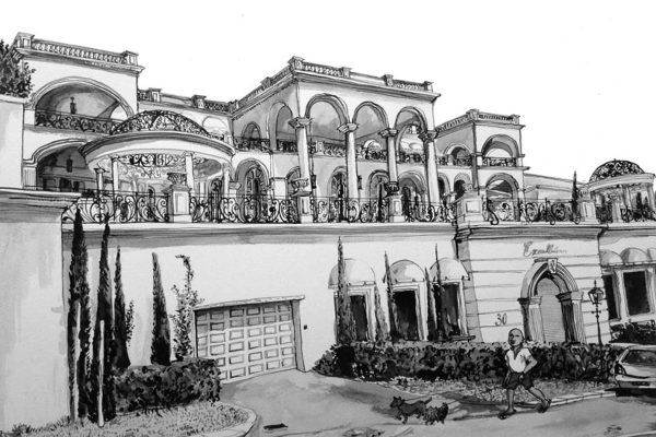 Wallpaper features: intricate black-and-white damask patterns, ornate floral scrolls, symmetrical vines, and leaf motifs. Decorative arches and balcony shapes woven into the design. Dominant colors: black lines on white background. Repeated motifs evoke grand mansion elegance. No color accents—entirely grayscale.