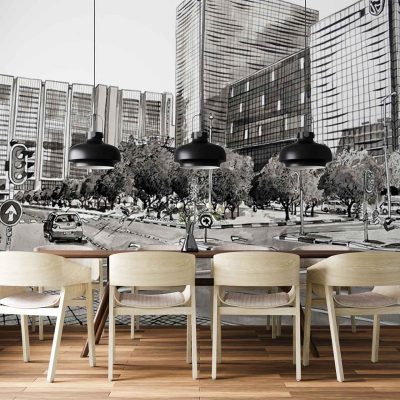 Black-and-white wallpaper mural featuring a detailed cityscape with tall buildings, cars, and trees. Architectural lines, urban skyline silhouettes, monochrome shades—no color except grayscale.