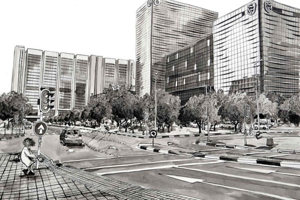 Wallpaper features: black-and-white city intersection, tall glass buildings, swaying trees, traffic lights, cars, person with shopping cart at crosswalk. Dominant colors: black, white (monochrome). Keywords: modern cityscape wallpaper, urban street scene, Cape South Easter wind effect.