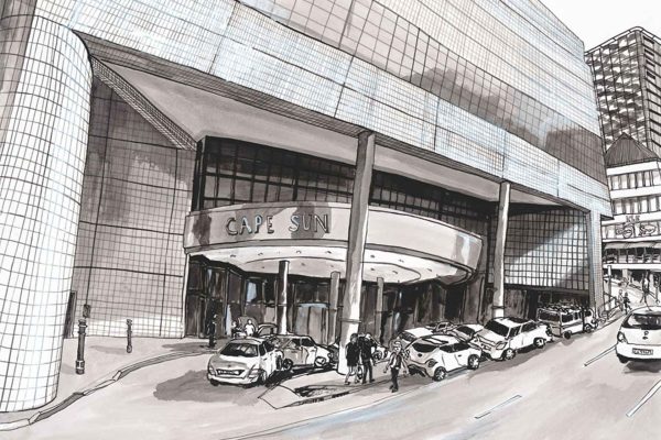 Black and white line drawing wallpaper of Cape Sun Hotel entrance: features parked cars, groups of people at the doorway, and the modern curved building facade with large glass windows. Main elements include vehicles, human silhouettes, big arched glass panels, and strong architectural lines. Colors: black outlines on white background.