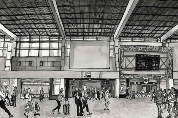 Black-and-white airport terminal wallpaper: Silhouetted people walking, some pulling suitcases; large departures board above right-side café counter; ceiling with abstract grid pattern evoking Table Mountain or Signal Hill outline; monochrome palette—only black, white, and grey tones.