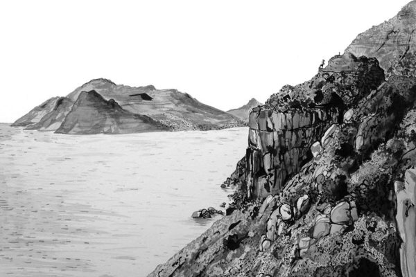 Black and white wallpaper illustration of Cape Point: features dramatic rocky coastline, steep cliffs in the foreground, textured shrub-covered slopes, calm water, distant mountains on the horizon, and a clear sky. Elements highlighted: cliffs, rocks, shrubs, water, mountains. Colors: black, white (grayscale tones only).