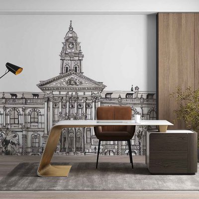 Black-and-white wallpaper mural depicting the City Hall facade, showcasing intricate architectural details and a prominent clock tower; features fine linework, classical columns, arched windows, carved ornaments, and contrasting shades of black, white, and grey.