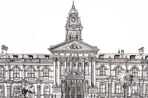 Black and white line drawing wallpaper: grand historical City Hall, ornate facade, arches, columns, central clock tower; palm trees near entrance. Colors monochrome—black lines on white background. Elements: architecture details, arches, columns, clock tower, palm trees.