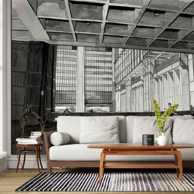 Large black-and-white wall mural wallpaper featuring Cape Point’s urban cityscape; showcases detailed geometric architectural elements such as angular rooftops, layered facades, tall modern buildings, windows, and bold linear patterns. Monochrome palette with sharp contrasts between blacks and whites for a striking graphic effect.