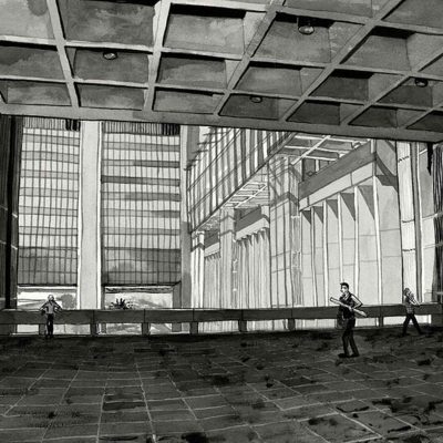 Black and white wallpaper featuring people walking in a modern urban plaza. The scene includes tall buildings, a grid-patterned ceiling, and bold concrete columns, creating striking architectural forms similar to Cape Point’s style. Only black, white, and shades of gray are present; no color. Key elements: people silhouettes, geometry lines, high contrast architecture.