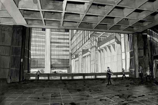 Black and white wallpaper featuring people walking in a modern urban plaza. The scene includes tall buildings, a grid-patterned ceiling, and bold concrete columns, creating striking architectural forms similar to Cape Point’s style. Only black, white, and shades of gray are present; no color. Key elements: people silhouettes, geometry lines, high contrast architecture.