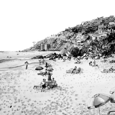 Black and white wallpaper drawing: beach scene with people reclining under striped umbrellas, a few figures strolling along the shoreline, detailed sandy textures. In the background, a hillside densely packed with vintage-style buildings—windows, gables—and clusters of stylized trees. No color; only black ink shading and clean white space for contrast. Classic line work evokes old China Shop copy or vintage What Not illustration style. Elements: umbrellas, people relaxing, beach shore, walking figures, hillside houses/buildings, many leafy trees—all in monochrome (black/white).
