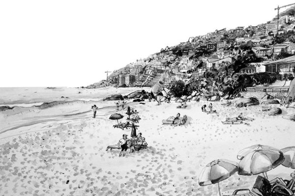 Black and white wallpaper drawing: beach scene with people reclining under striped umbrellas, a few figures strolling along the shoreline, detailed sandy textures. In the background, a hillside densely packed with vintage-style buildings—windows, gables—and clusters of stylized trees. No color; only black ink shading and clean white space for contrast. Classic line work evokes old China Shop copy or vintage What Not illustration style. Elements: umbrellas, people relaxing, beach shore, walking figures, hillside houses/buildings, many leafy trees—all in monochrome (black/white).