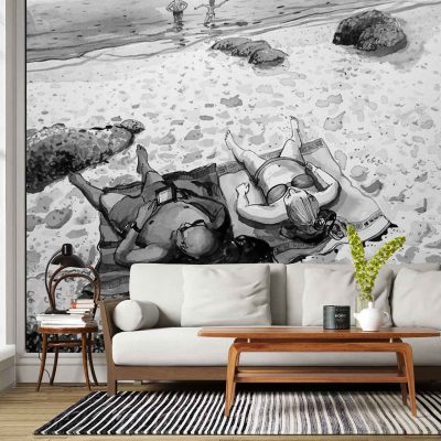 Large black-and-white mural wallpaper depicting people relaxing on Clifton Beach; features beachgoers, umbrellas, relaxed poses, sandy shoreline, ocean waves, and iconic Table Mountain in the background; grayscale tones create a striking and timeless visual focal point.