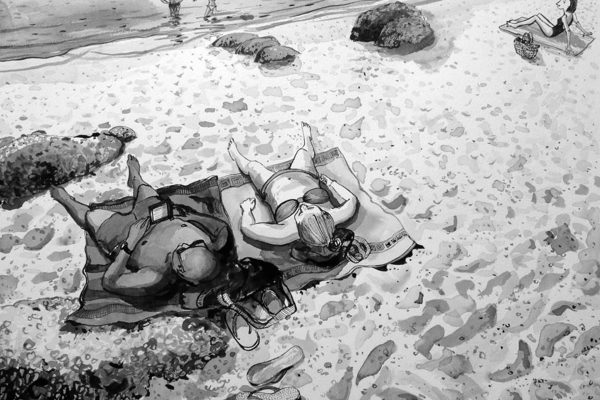 Wallpaper elements: black and white, beach scene, two people on towels reading, bags, sandals, solitary figure (Clifton Tanners), people in water, rocks, scattered shells on sand. Colors: grayscale/monochrome (black and white only).