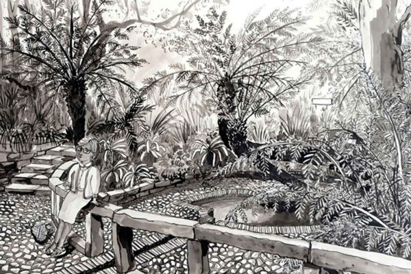 Grayscale botanical wallpaper featuring dense foliage: ferns, trees, and leaves; stone textures; a winding stone path; a small pond. Lush Bokaap garden elements; no color—shades of black, white, gray.