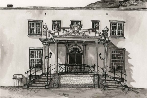 Black and white wallpaper featuring repeating ornate patterns inspired by the Old Town House: decorative arches, columns, stylized balcony railings, symmetrical staircases, and multipaned window motifs—intricate linework and classic historic architectural detailing throughout. Colors: black, white.