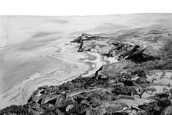 Wallpaper features: black and white ink illustration; coastal landscape; rocky cliffs; gentle waves; sandy shorelines; foreground vegetation (grasses, shrubs); tranquil retreat atmosphere; monochrome palette—black, white, gray tones.