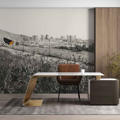 Wallpaper features: a cityscape blended with open fields, evoking calm and serenity; soft, muted tones—blues, greens, and gentle grays; skyline elements mingling with natural landscapes for a tranquil, panoramic mural effect.