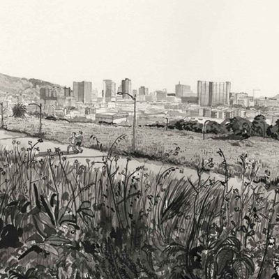 Black-and-white wallpaper: two people cycling on a winding path through tall grass; city skyline and distant hills in the background; stylized city museum with sweeping, organic shapes reminiscent of whale echoes; high contrast, bold outlines, textured grass, sky fading to white. No color—monochrome black, gray, and white tones throughout.