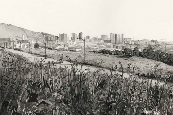 Black-and-white wallpaper: two people cycling on a winding path through tall grass; city skyline and distant hills in the background; stylized city museum with sweeping, organic shapes reminiscent of whale echoes; high contrast, bold outlines, textured grass, sky fading to white. No color—monochrome black, gray, and white tones throughout.