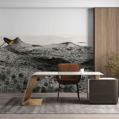 Wallpaper features a black-and-white mural depicting the hilly Muizenberg landscape, with stylized hills, undulating lines, and coastal scenery. Monochrome tones emphasize contrast and add artistic detail to the minimalist backdrop.
