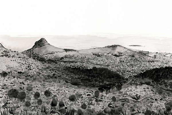 Black and white ink landscape wallpaper: rolling hills, distinctive Muizenberg peak, grassy foreground, distant city with scattered buildings, open sky. Lone swimmer in foreground. Monochrome palette (black, white, grayscale). Minimalist line art style.