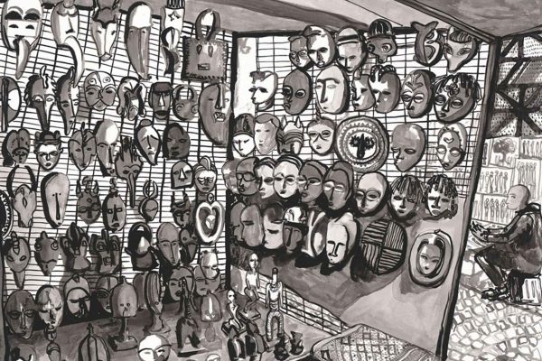 Wallpaper features densely packed black-and-white illustrated masks of various shapes and expressions, arranged in overlapping rows across the walls. The masks are highly detailed, showing a variety of faces—some smiling, frowning, or expressionless—with ornate patterns and textures. No other colors present; strictly monochrome (black lines on white background).