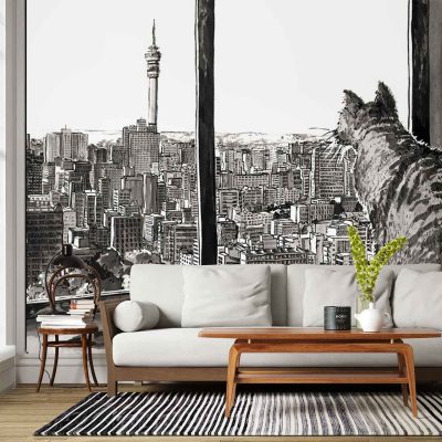 Black-and-white sketch-style mural featuring ZEITZ 11, a cat perched and gazing over a detailed city skyline. Elements include hand-drawn buildings, rooftops, and urban architecture with prominent linework. The cat is central, outlined in black against the light background. No color—monochromatic illustration with strong contrasts between black lines and white negative space.