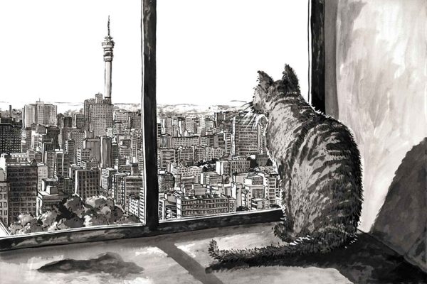 Wallpaper features bold, wavy black and white stripes with abstract city-themed line art subtly woven throughout. Silhouetted outlines of tall buildings—especially the distinctive ZEITZ 11 tower—are integrated into the monochrome pattern. The overall effect is a dynamic, urban-inspired backdrop with high contrast in black and white tones.