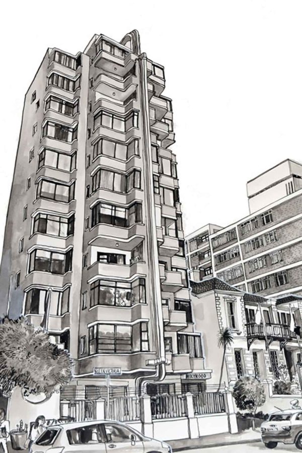 Black-and-white wallpaper features a multi-story apartment building with balconies, urban street scene, parked cars, neighboring buildings; linear architectural elements; high-contrast monochrome palette; cityscape perspective from ground level upward.