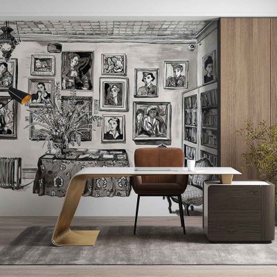 Black-and-white wallpaper mural featuring expressive portrait paintings inspired by the Irma Stern Museum; dynamic brushstrokes, prominent facial features, high-contrast grayscale palette, touches of charcoal and graphite textures; artistic gallery vibe.
