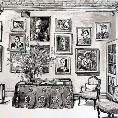 The wallpaper features intricate, vintage-inspired patterns in black and white, with subtle floral and botanical motifs. Repeating foliage shapes and fine lines evoke early 20th-century design, creating a textured, cozy atmosphere. No bright colors—just shades of gray, black, and white dominate the background behind the portraits and shelves.