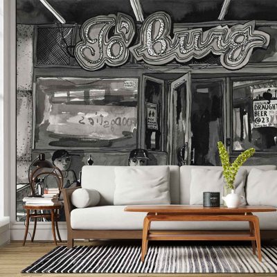 ZEITZ 05 black-and-white city mural wallpaper: features detailed urban cityscape, architectural skyline, bold contrasts in grayscale tones, sharp lines and shadows. Includes neon-effect 