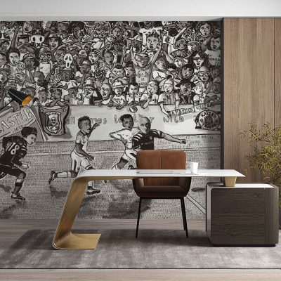 Black-and-white wallpaper mural; features a dynamic soccer match in action; includes athletes mid-play, a vibrant cheering crowd in the stadium stands, waving flags, and raised hands; high-contrast grayscale tones; energetic sports atmosphere.