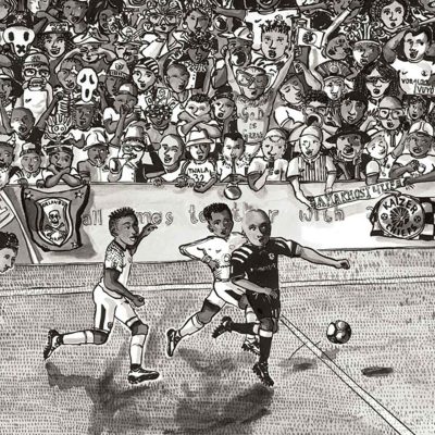 Wallpaper features: - Black and white illustration - Three soccer players chasing a ball near a sideline - Lively, cheering crowd in background - Crowd holds banners and flags - High contrast, dynamic lines; no colors, only black and white.