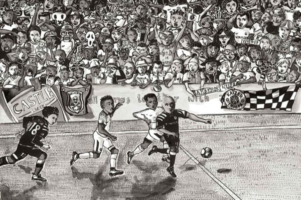 Wallpaper features: - Black and white illustration - Three soccer players chasing a ball near a sideline - Lively, cheering crowd in background - Crowd holds banners and flags - High contrast, dynamic lines; no colors, only black and white.