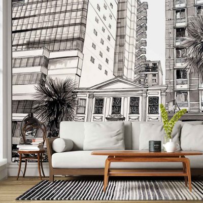 ZEITZ 03 mural wallpaper: black-and-white city buildings, stylized skyscrapers and architectural details, integrated with tall black palm trees. Urban cityscape elements in monochrome tones (black, white, shades of gray). Bold graphic lines and high contrast for a modern urban atmosphere.