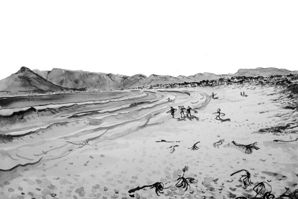 Black and white wallpaper: wide tranquil beach, gentle waves, seaweed scattered on pale sand, distant dark mountains, tiny silhouetted figures strolling shoreline, clear sky above. An incongruous “We Buy Gold” sign stands out amid the calm scene. Elements: seashore, waterline, nature textures, odd signage juxtaposed with scenery. Color palette: only monochrome blacks, whites, and grays—no color.